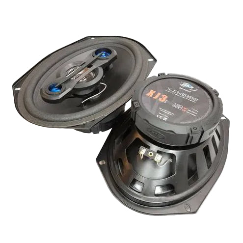 Pair of car speakers with visible branding on a white background