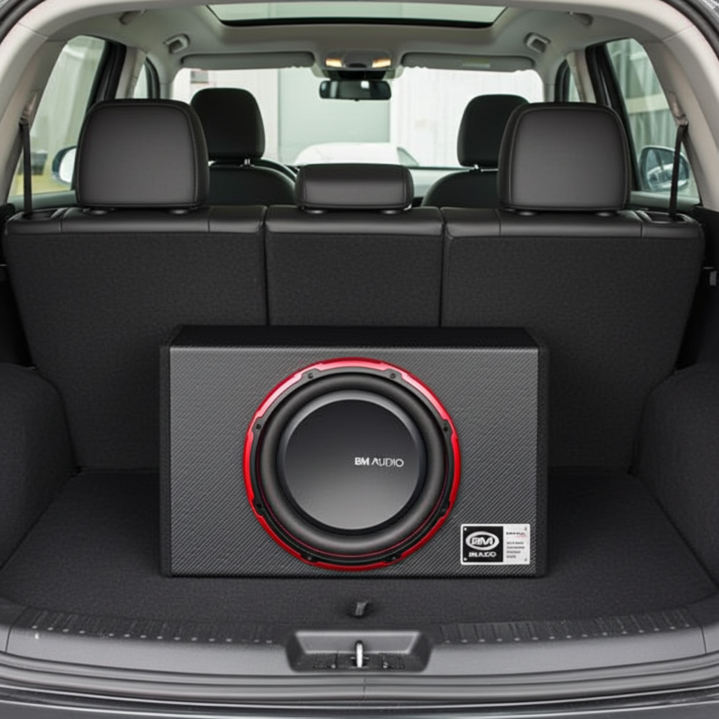 Subwoofer in the trunk of a car with 'BM Audio' branding.